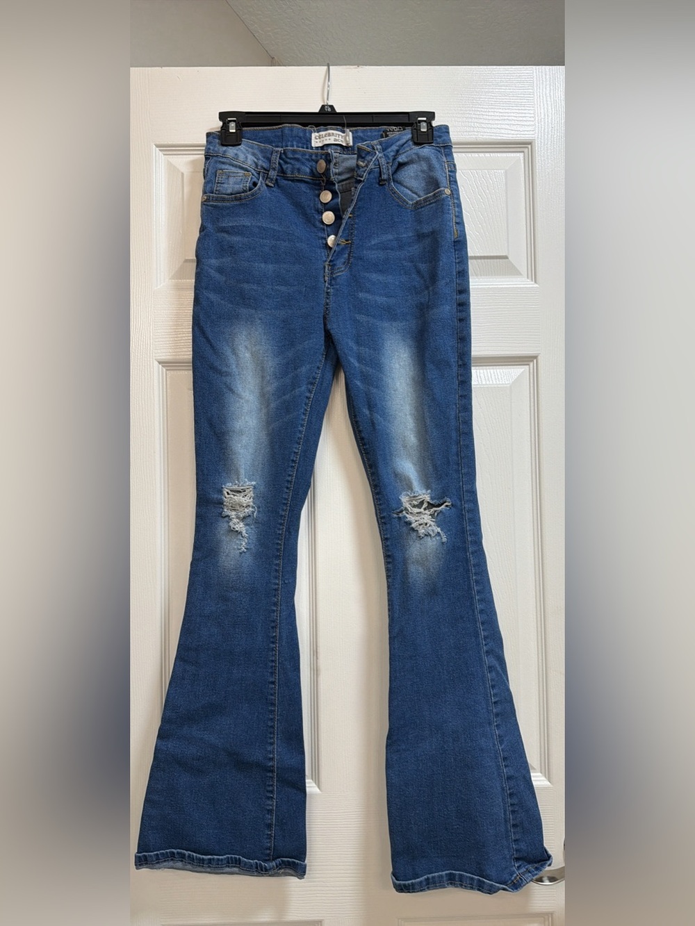 Women's High-Rise Distressed Flare Jeans - Blue